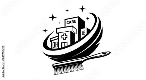 Hospital cleaning service logo with broom and sparkling care building.