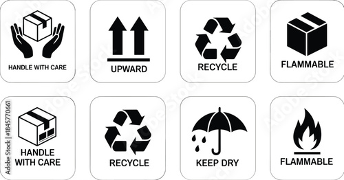 Set of Shipping and Handling Icons with Labels on White Background symbol care