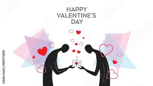 Man and woman in love exchanging valentine's day gift with hearts around