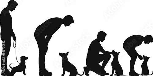 Silhouettes of a man interacting with a small dog in a sequence of poses animal
