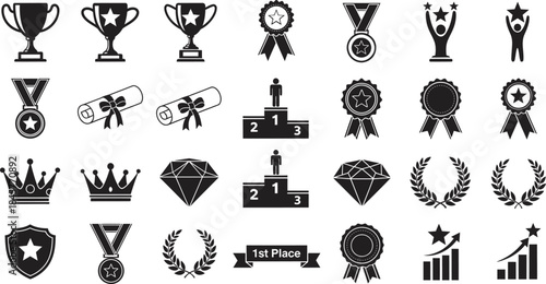 Collection of 25 black and white award icons and symbols for recognition and achievement