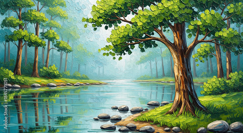 3D Riparian Forest with Turquoise River and Textured Tree Trunk, Wall Decor, 3D Relief Wallpaper, 3D Mural Wallpaper, 3D Wall Mural Design.