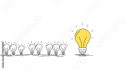 Cuadro en lienzo Hand drawn glowing yellow light bulb idea concept on transparent background