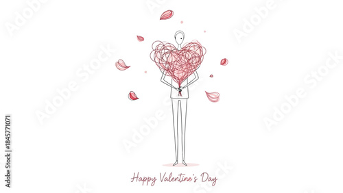 A faceless person holding a large pink heart surrounded by floating rose petals on valentine's day