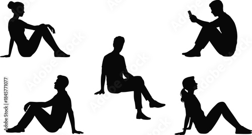 Silhouettes of five individuals sitting in relaxed poses on a white background people woman