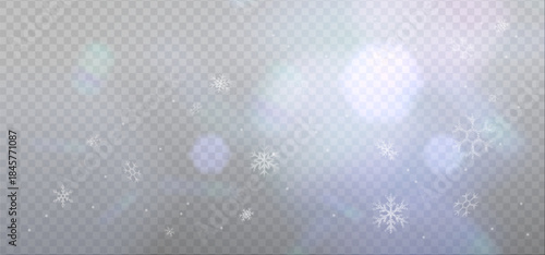 Shiny Abstract Defocused Bokeh Circles Overlay Design with transparent snowflakes. Christmas snowfall effect. Christmas Print. Glitter confetti for Banners, Posters, Covers, Flyers, Cards. Vector