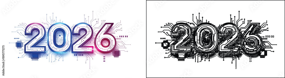 Obraz premium Set of New Year Text Graphics: Modern 2026 Gradient and Grunge 2025 Vector Designs