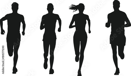 Silhouettes of Four Runners in Motion on White Background Keywords: runners, running, athletes, fitness, sport, exercise, motion