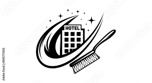 Hotel Cleaning Service Logo with Brush and Sparkling Building.