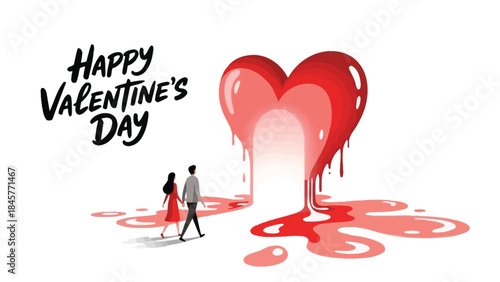 Loving couple walking hand in hand on valentine's day with a large melting heart