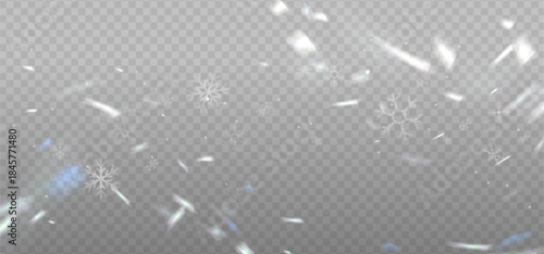 Snowfall overlay Christmas transparent background. Subtle flying snow flakes and stars on light backdrop. Festive snowfall overlay. Iridescent crystal leak glare reflection effect vector illustration.