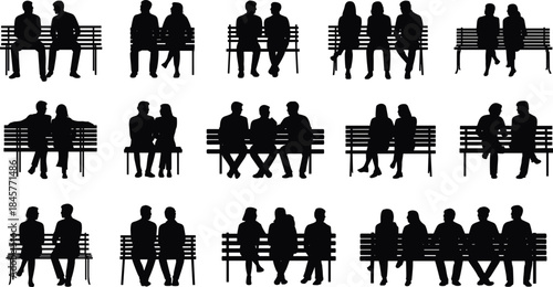 Silhouettes of people sitting on park benches in various arrangements and poses vector illustration