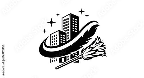 Cleaning service logo with buildings and duster.