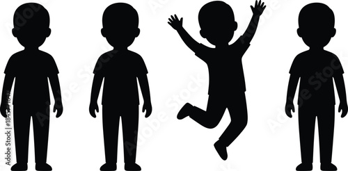 Child silhouettes standing and jumping expressing joy playful energy childhood freedom isolated on white background minimal illustration