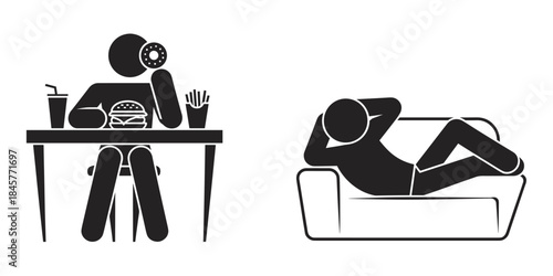 Stick Figure Eating Burger and Fries and Relaxing on Couch on White Background Keywords: stick figure, icon, pictogram, human