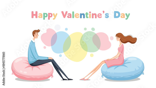 Man and woman sitting on bean bags with pastel balloons between them, colorful illustration for valentine's day greeting