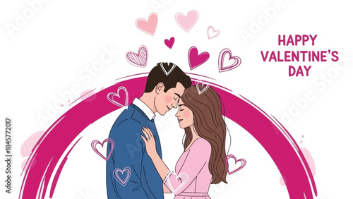 Couple embracing with hearts surrounding them on valentine's day, cartoon illustration with pink circle background and text happy valentine's