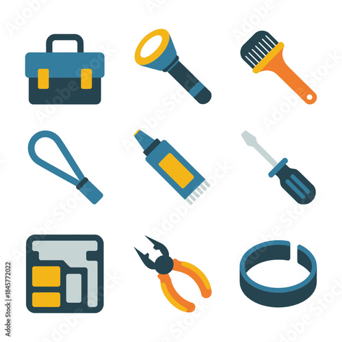 Technical repair tools icon set with screwdrivers pliers tester cable toolbox maintenance flat vector illustration elements
