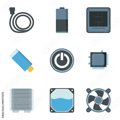 Digital hardware and energy device illustration set featuring power buttons batteries chargers regulators flat vector design elements collection