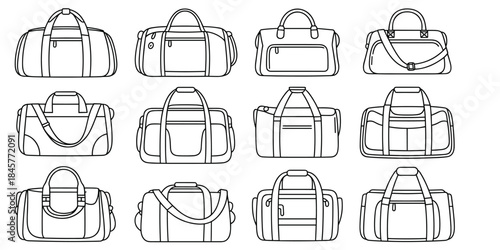 Twelve Outline Illustrations of Duffel Bags on White Background gym bag travel bag
