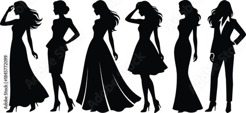 Elegant female fashion silhouettes posing confidently in stylish dresses expressing beauty glamour femininity isolated on white background illustration