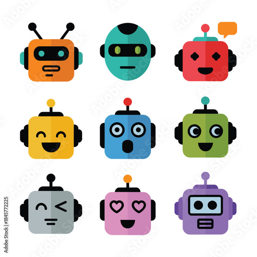 Friendly chatbot and assistant robot avatar icon set with smiling thinking alert emotions modern flat vector illustration collection
