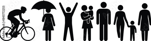 People icon silhouettes representing daily activities family care success transportation and lifestyle diversity isolated on white background illustration