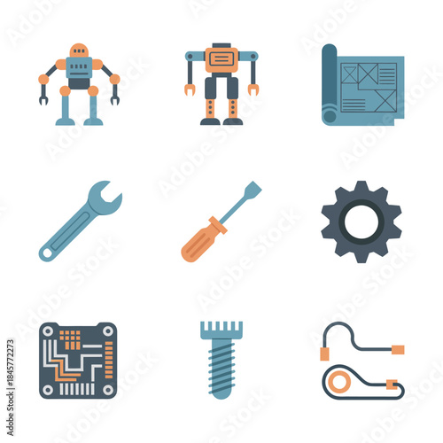 Industrial automation and robotics equipment illustration set featuring robot units tools circuits gears flat vector design