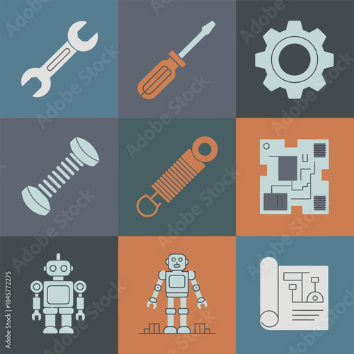 Technology robotics workflow icon grid with robot engineer tools hardware components flat vector illustration collection