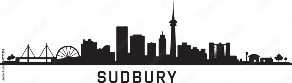 Naklejka premium Sudbury Ontario Skyline with Cityscape, and Canada. design Vector black silhouette