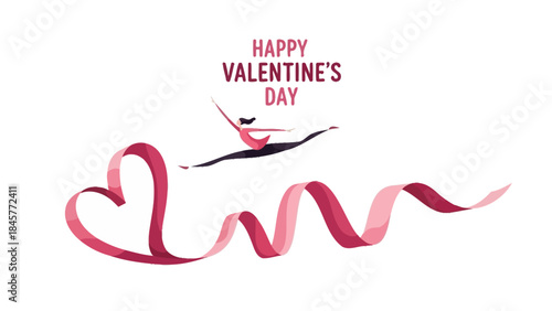 Happy valentine's day illustration with dancing ballerina and ribbon heart on white background