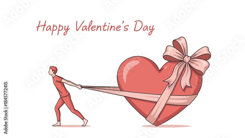 Man pulling large heart with ribbon on valentine's day illustration against white background