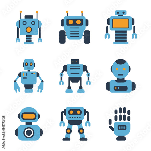 Cute service robot character icon set with friendly assistant bots artificial intelligence technology flat vector illustration