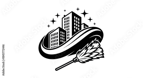 Urban Cleaning Service Logo with Buildings and Duster.