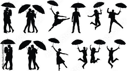 People silhouettes holding umbrellas dancing jumping and embracing in rain expressing romance joy freedom isolated white background illustration