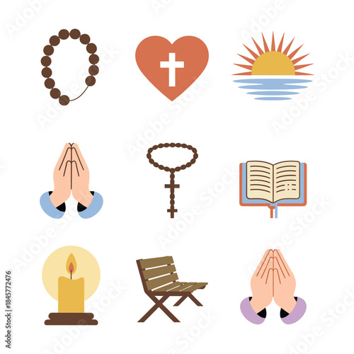 Religious worship illustration collection featuring prayer hands rosary bible candle bench symbols faith flat vector design