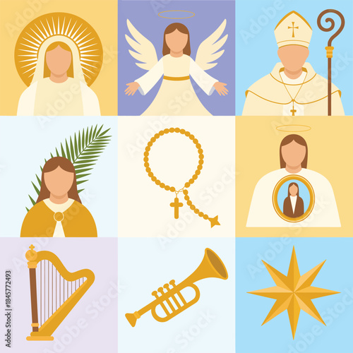 Sacred figures and religious leader illustration collection with angels saints bishop symbols worship faith flat vector design