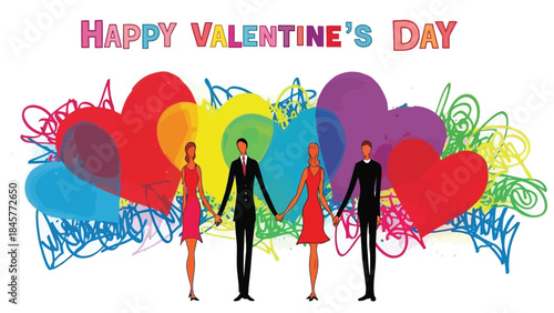 Colorful happy valentine's day illustration with couples holding hands surrounded by heart shapes and swirling lines on a white background