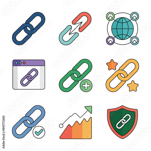 Search engine optimization and analytics icon set with link graph tag settings globe ranking tools flat vector illustration