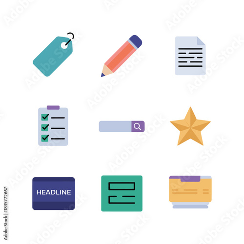 Search analytics and website performance monitoring illustration collection with graphs links globe tags insight flat vector design