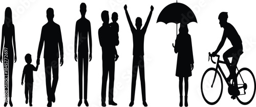 People silhouettes representing everyday lifestyle activities family diversity motion emotions and social life isolated on white background illustration