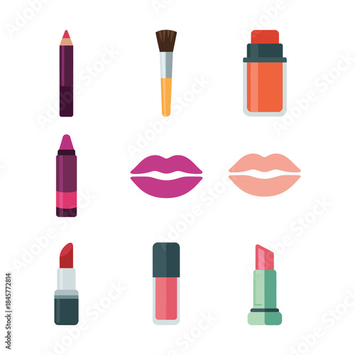 Professional makeup products icon collection with pencil brush lip color gloss mascara beauty styling flat vector illustration
