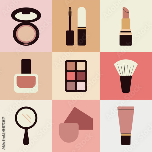 Professional makeup essentials and beauty routine illustration set with cosmetic palette foundation applicator flat vector design