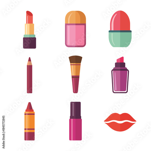 Lipstick and cosmetic packaging icon set featuring lip balm gloss pencil bottle beauty product flat vector illustration