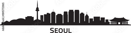Seoul Skyline Silhouette with South Korea, and Cityscape. design Vector black silhouette