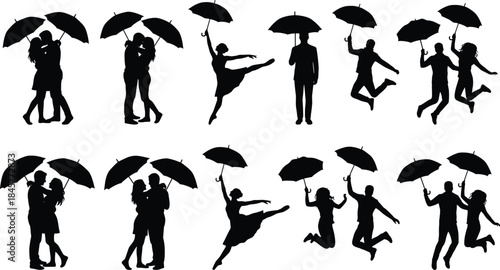 People silhouettes with umbrellas dancing jumping and embracing in rain expressing happiness romance freedom isolated on white background illustration