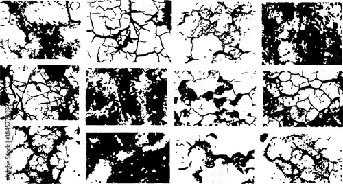 Collection of black and white cracked texture grunge backgrounds
