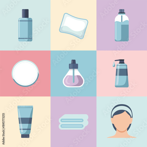 Cosmetic skincare products illustration set featuring moisturizer serum facial mask cleanser daily care flat vector design