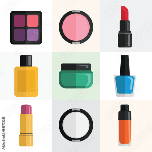 Skincare cosmetics routine illustration set including face wash serum moisturizer toner mask flat vector design