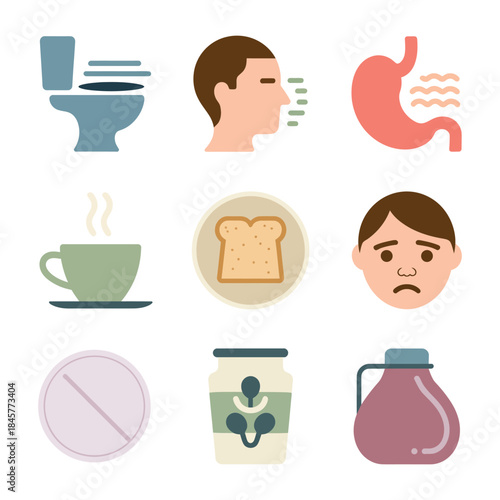 Digestive health and stomach discomfort icon collection with toilet nausea medicine tea pain symbols flat vector illustration